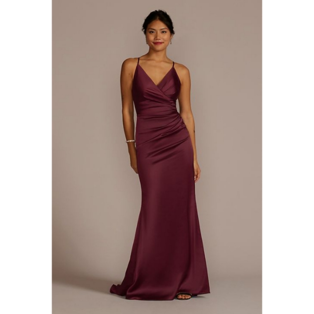 Galina Signature Burgundy Wine Satin Spaghetti Strap Mermaid Bridesmaid Dress